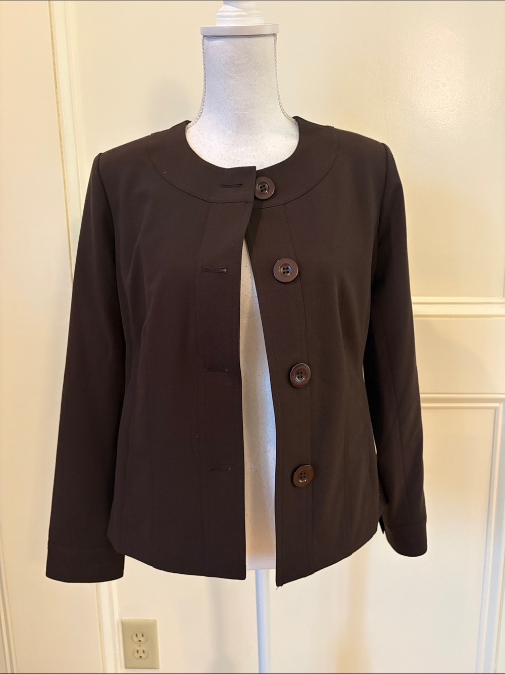 Chico's Chocolate Brown Round-Neck Button Jacket